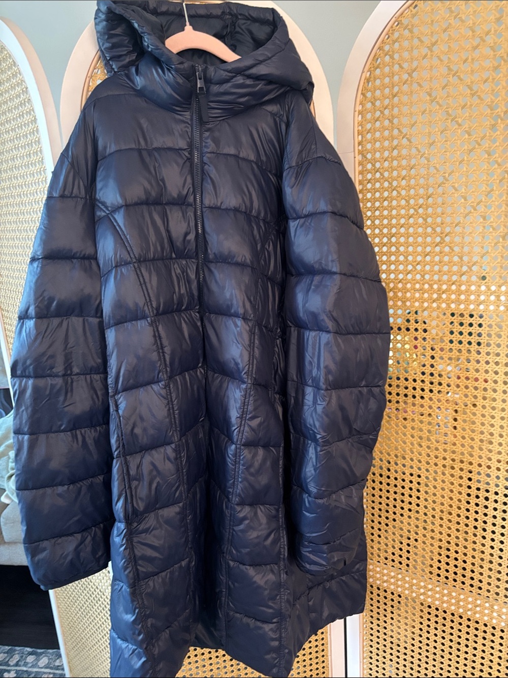 Hooded Navy Long Puffer Coat - Lightweight Warm Insulation